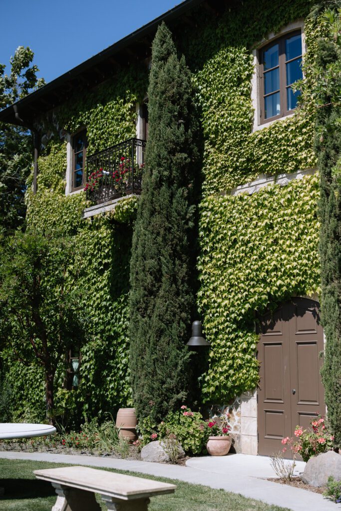 Ivy covered exterior of Jacuzzi Winery wedding venue in Sonoma County

