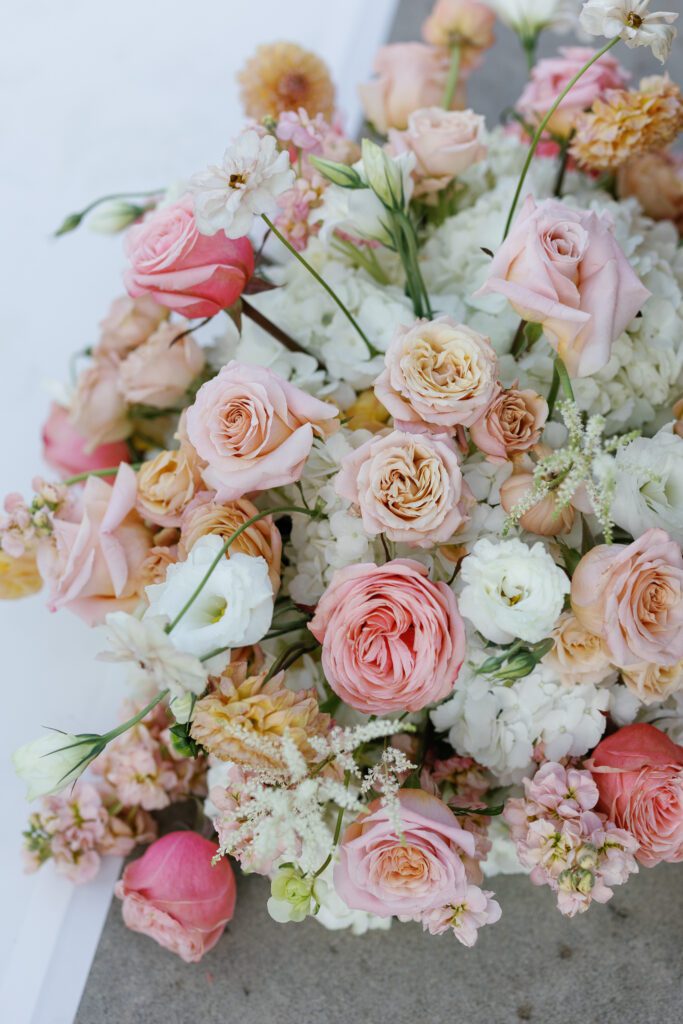 Pastel spring wedding floral arrangement at Jacuzzi Winery in Sonoma County

